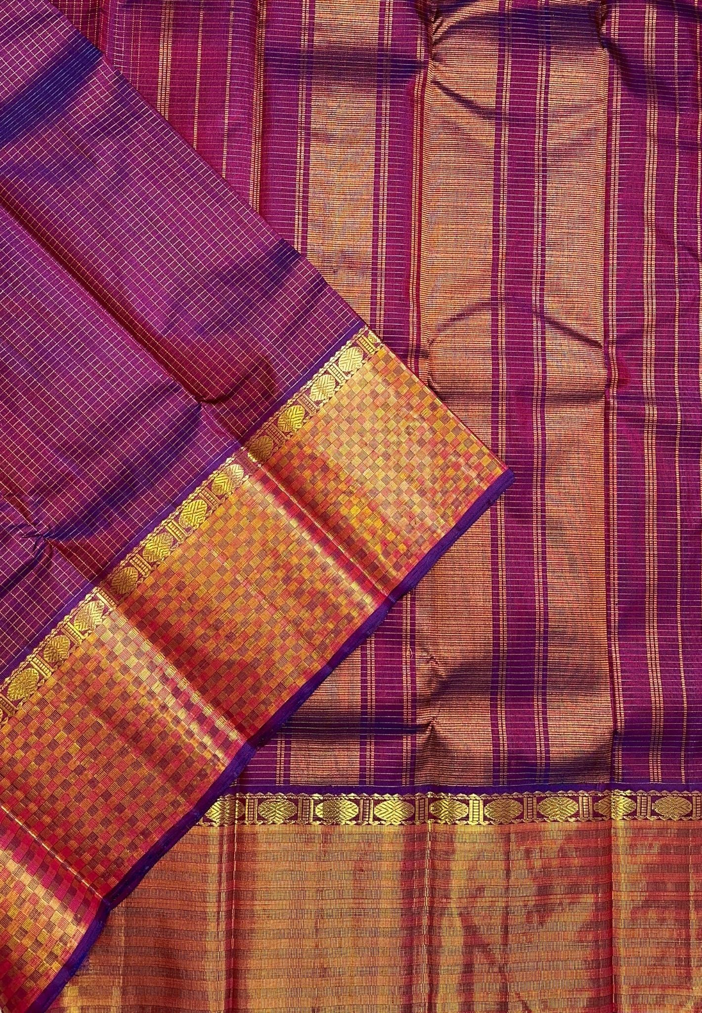 Pure Kanchipuram Silk Saree-Wine with Grand Checkered Border