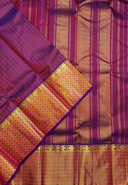 Pure Kanchipuram Silk Saree-Wine with Grand Checkered Border