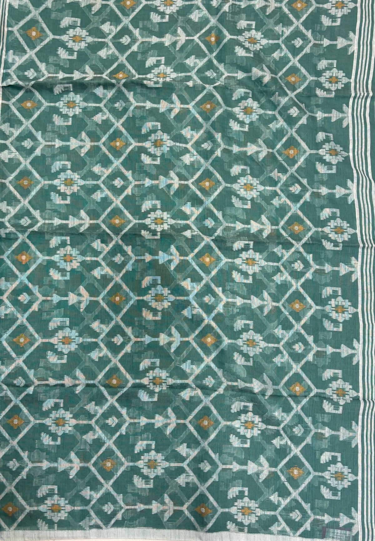 Handloom Cotton Saree-Metalic Green in Diamond Pattern Border