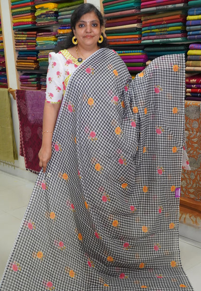 Linen Saree - Checks Black