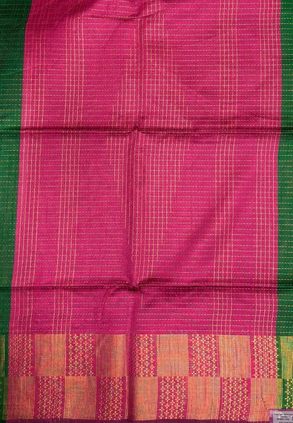 Semi Raw Silk Saree-Grass Green In Checkered Zari With Contrast Border