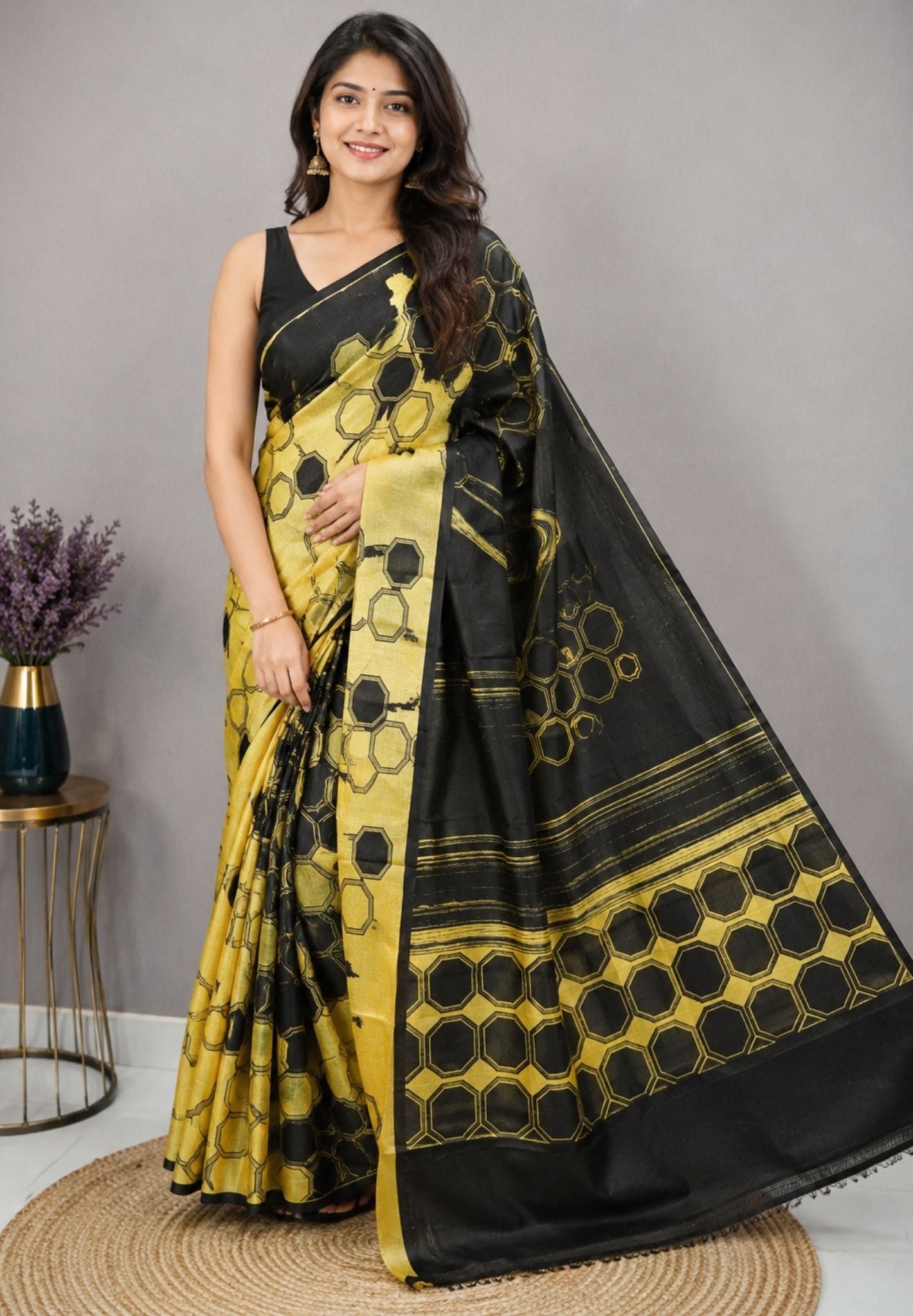 Pure Tussar Saree-Yellow with Black in Circle Pattern