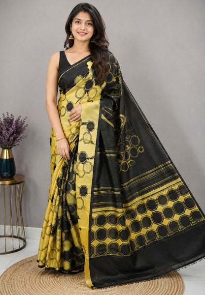 Pure Tussar Saree-Yellow with Black in Circle Pattern
