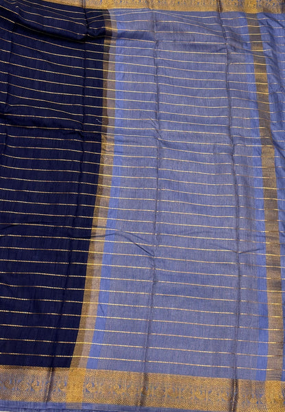 Semi Raw Silk Saree-Navy Blue in Zari Lines with Contrast Annam Border