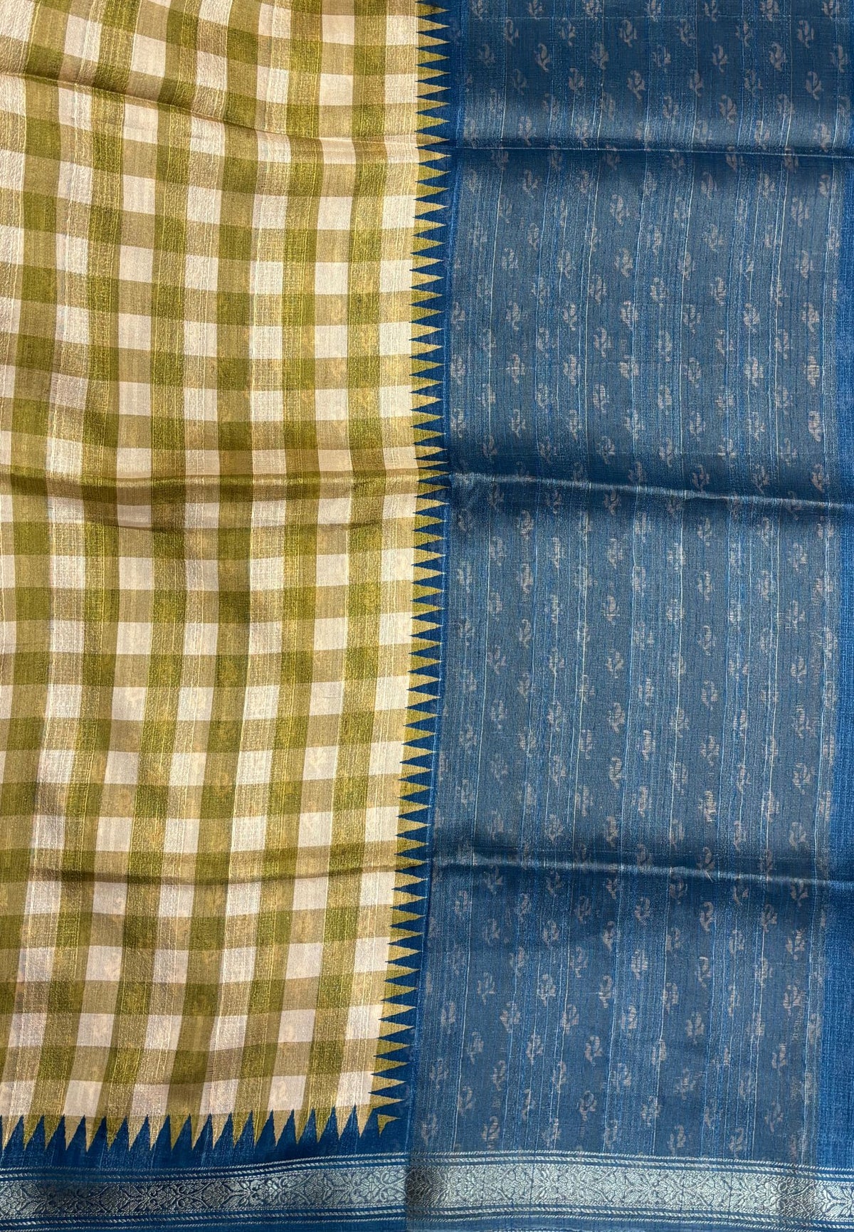 Matka Tussar saree-Olive Green in Checked Pattern with Temple Zari Border