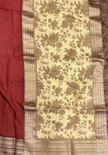 Muslin Tussar Saree-Maroon In Floral Vine Border