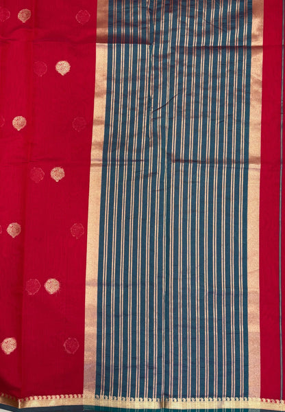 Semi Maheswari Saree-Redish Pink In Multi-Stripe Zari Border