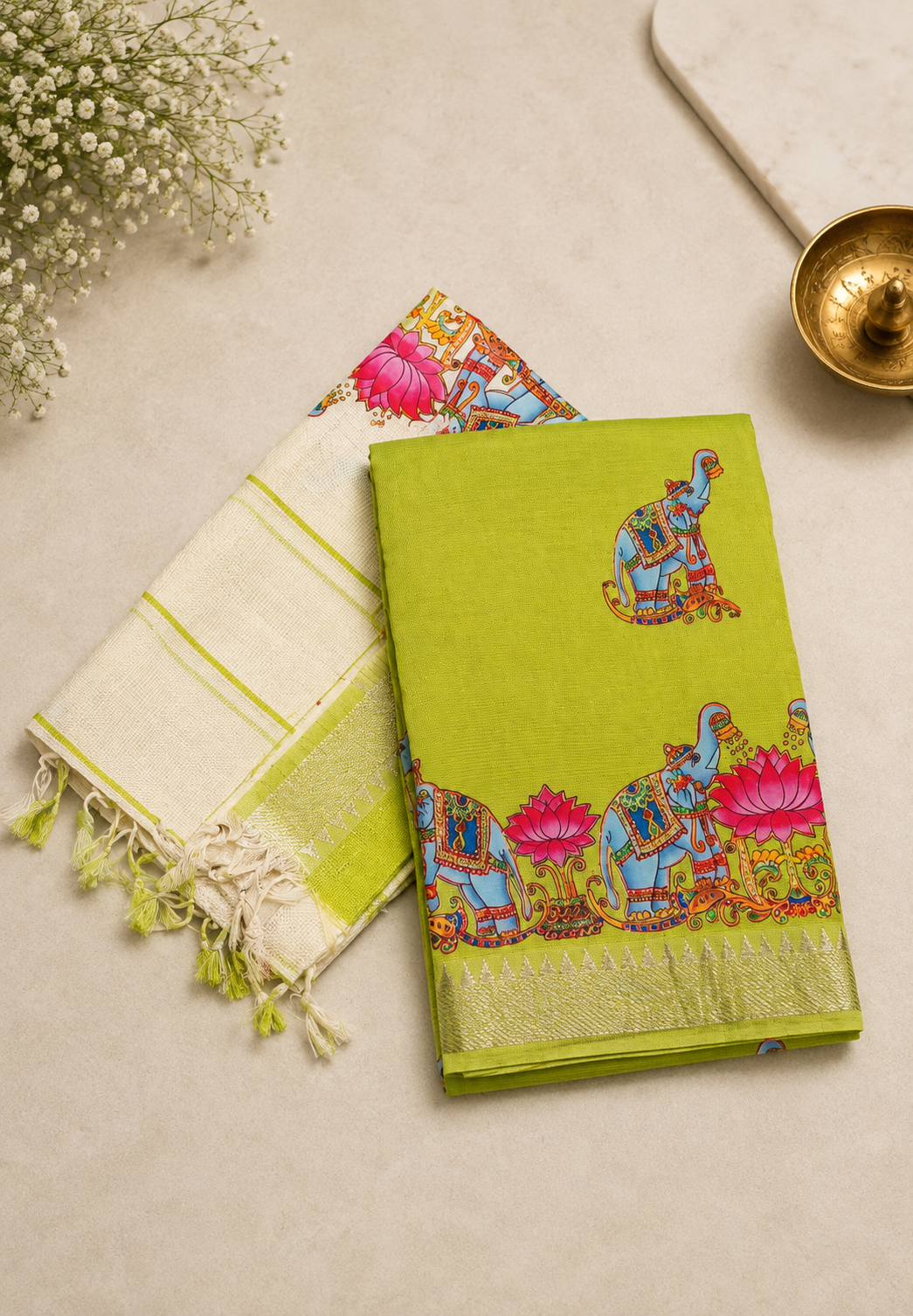 Pure Mangalgiri Silk 2Pc Salwar Material-Fluorescent Green with Tanjore Print