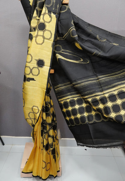 Pure Tussar Saree-Yellow with Black in Circle Pattern