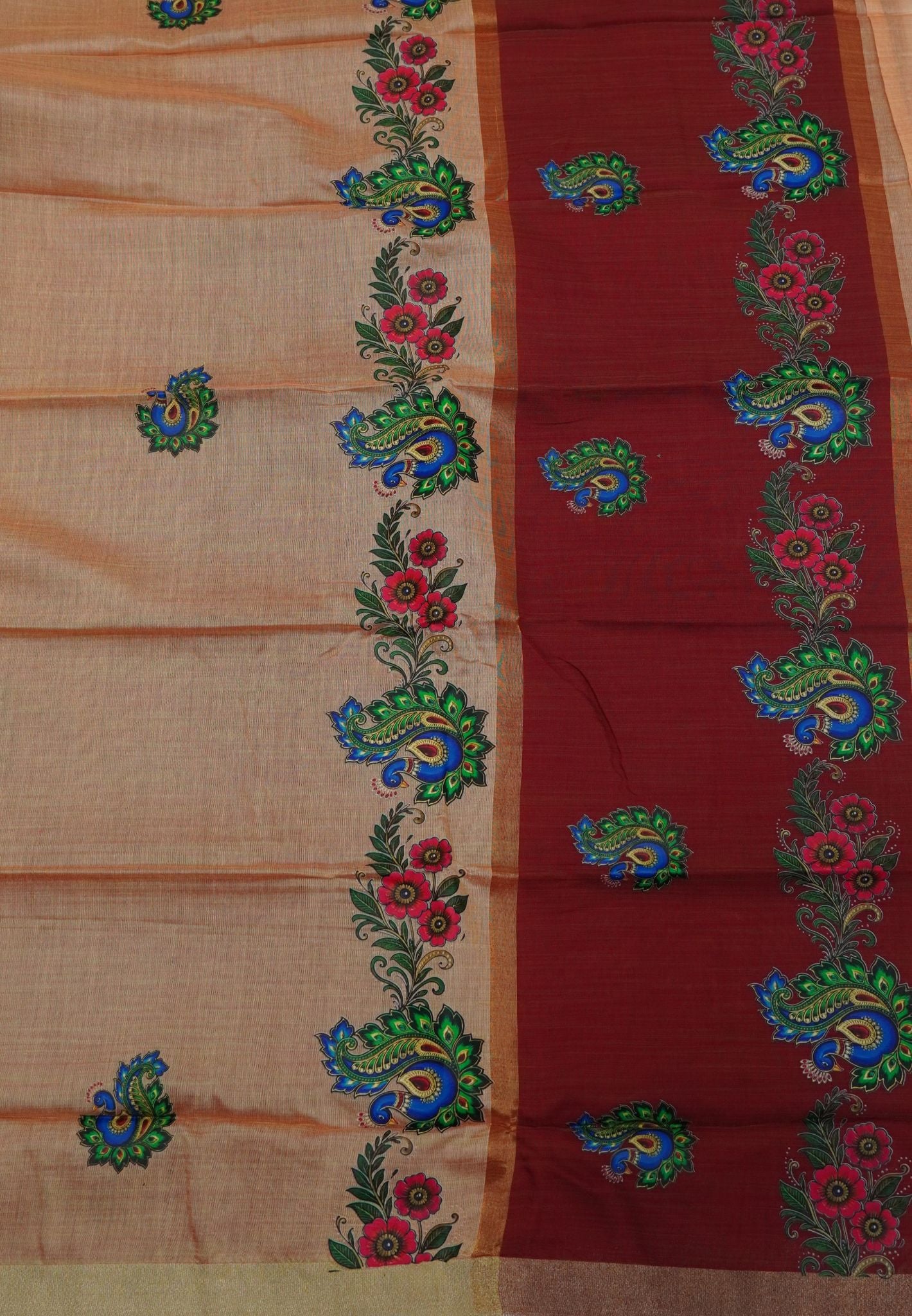 Cora Linen Saree-Beige with Thanjur Print