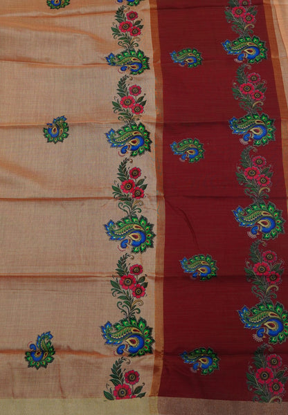 Cora Linen Saree-Beige with Thanjur Print