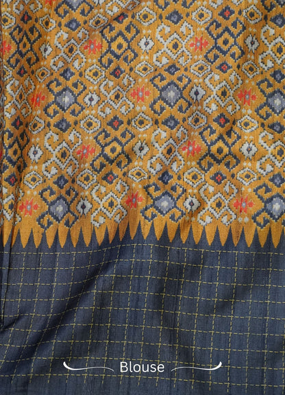 Semi Tussar Saree – Mustard & Gray Checks Design
