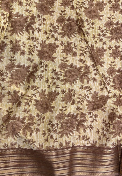 Muslin Tussar Saree-Maroon In Floral Vine Border