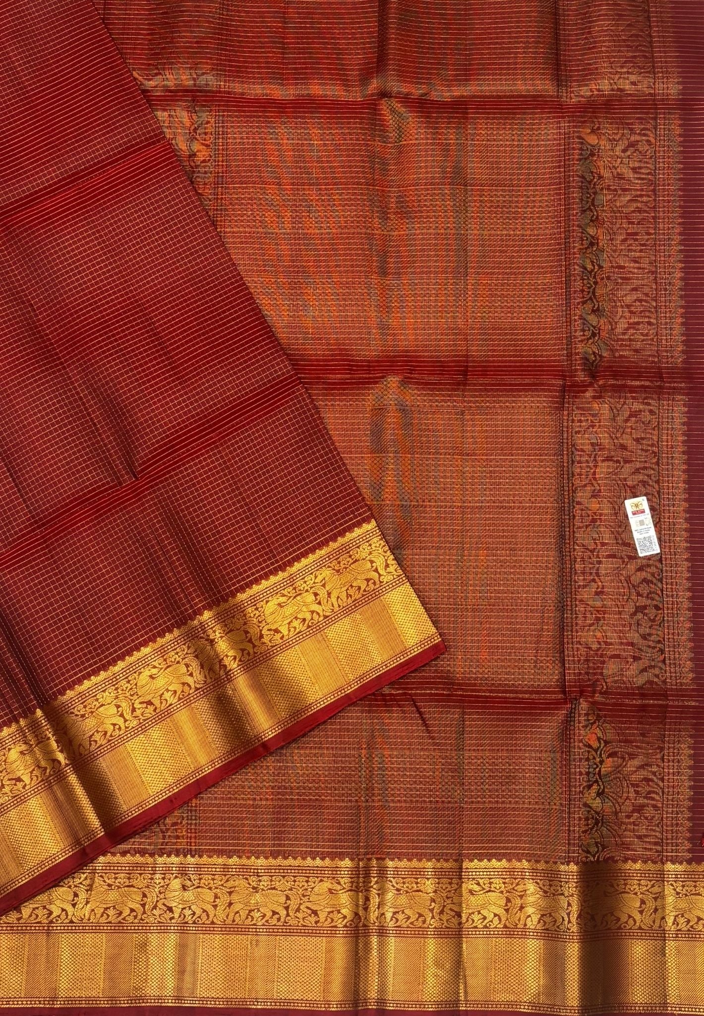 Pure Kanchipuram Silk Saree-Maroon in Zari Checks Border