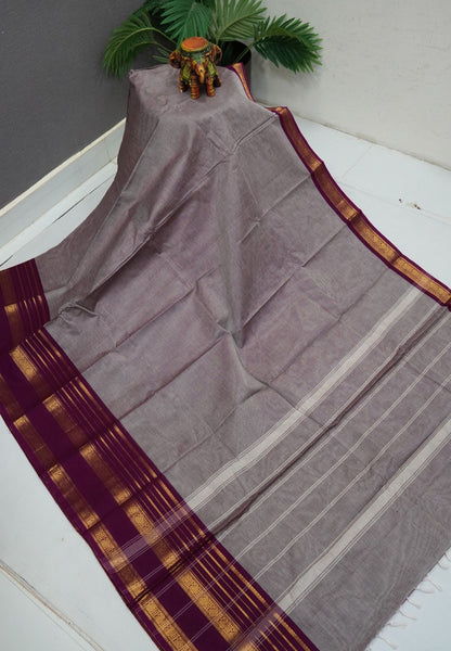 Kanchi Cotton Saree-Grey-Wine With Zari Border