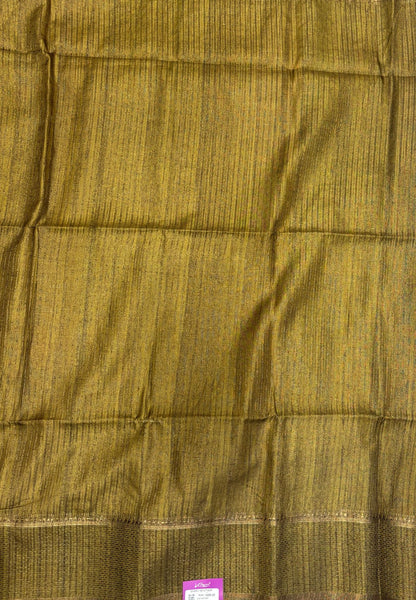 Matka Tussar Saree-Mustard in Classic Striped Zari with Contrast Border