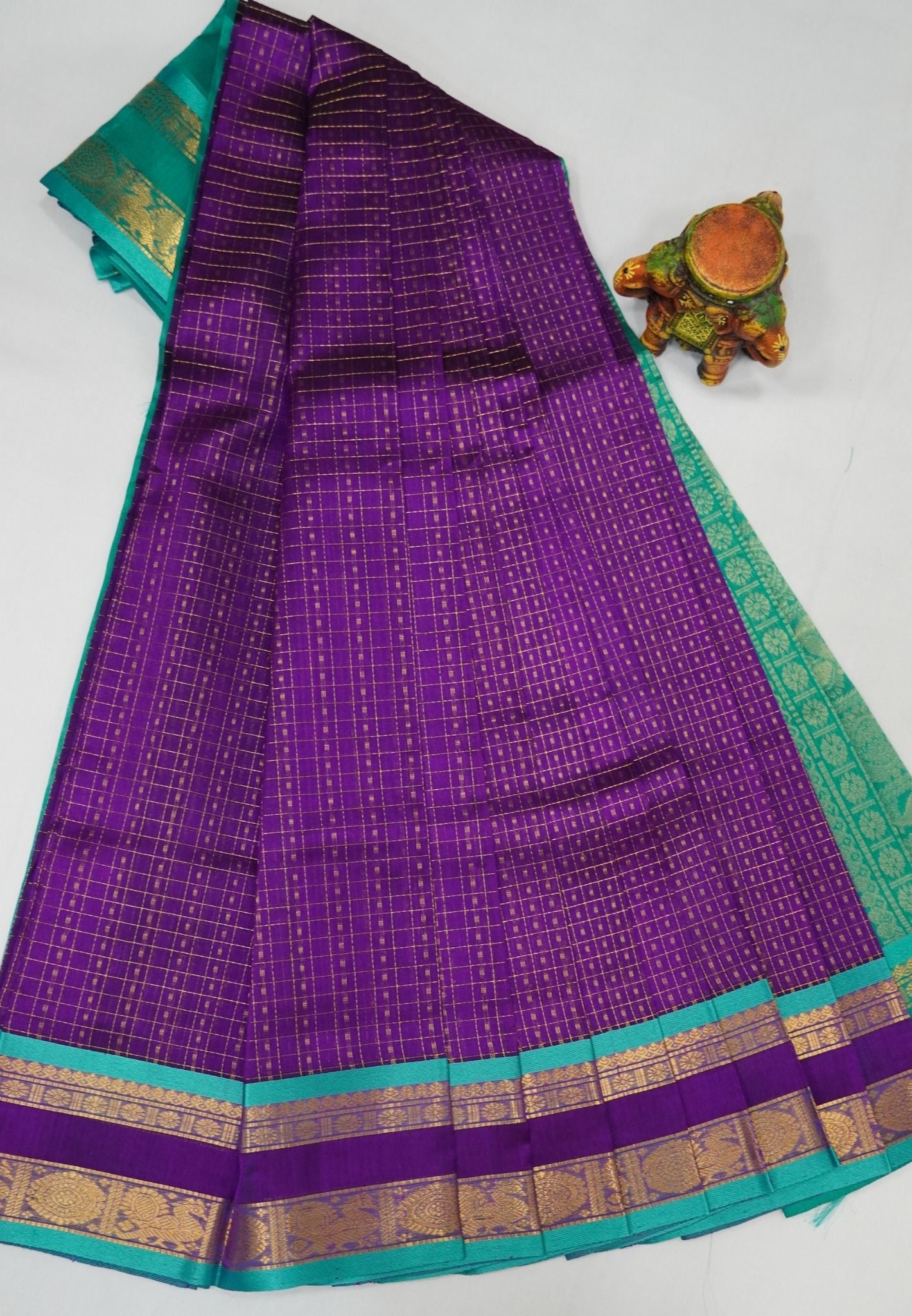 Pure Silk Cotton Saree-Purple in Golden Zari Checks with Contrast Border