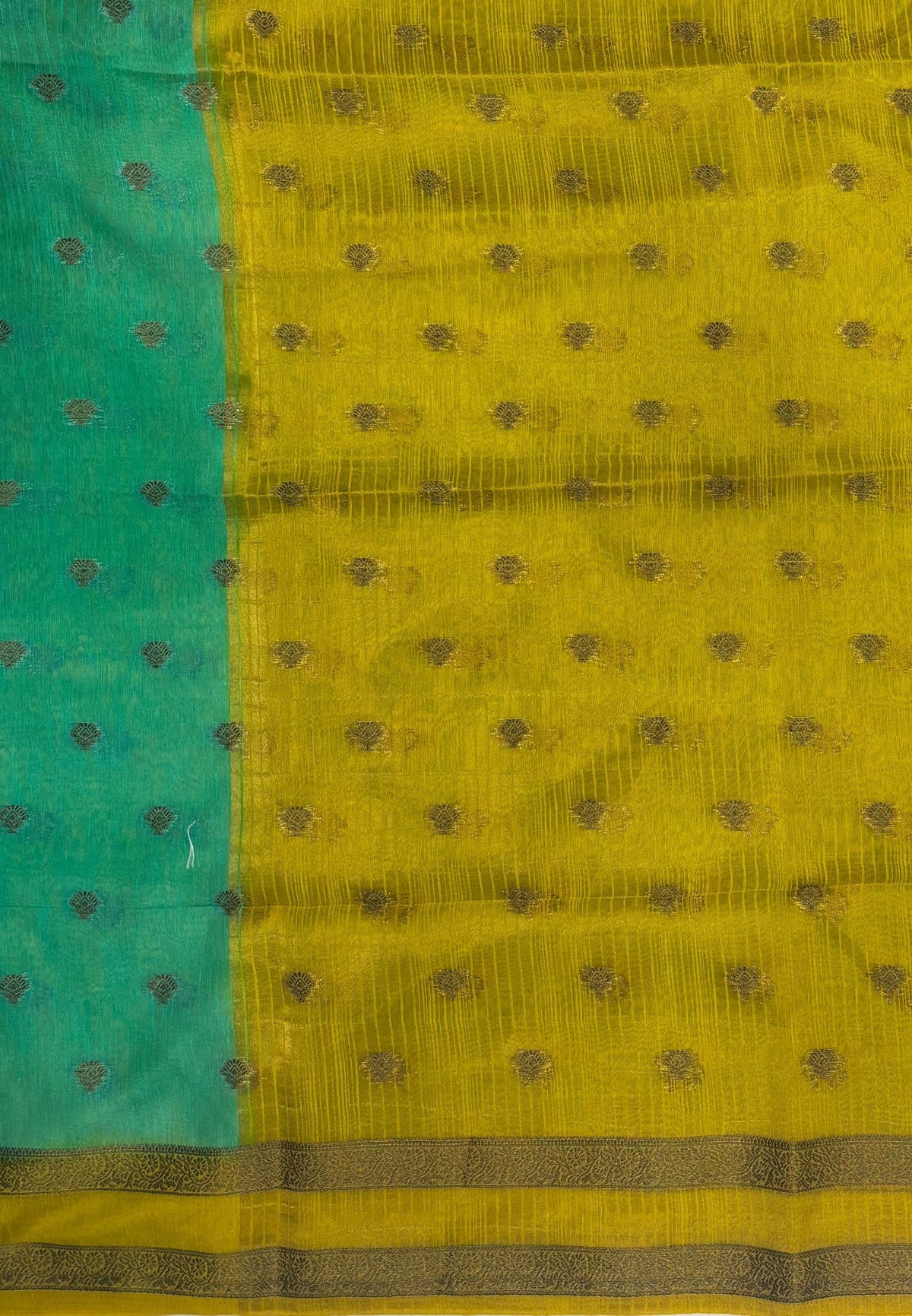 Soft Jute Saree-Teal Green-Yellow With Rettapet Border