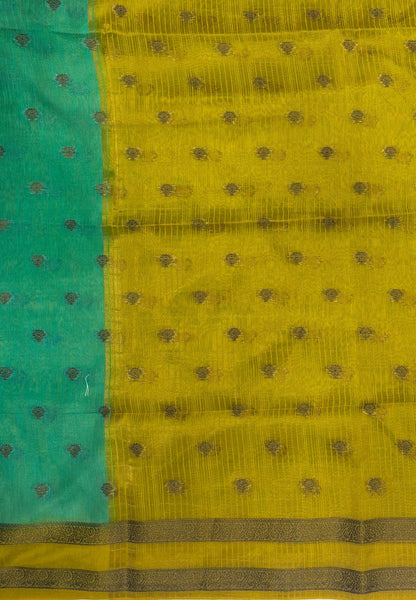 Soft Jute Saree-Teal Green-Yellow With Rettapet Border