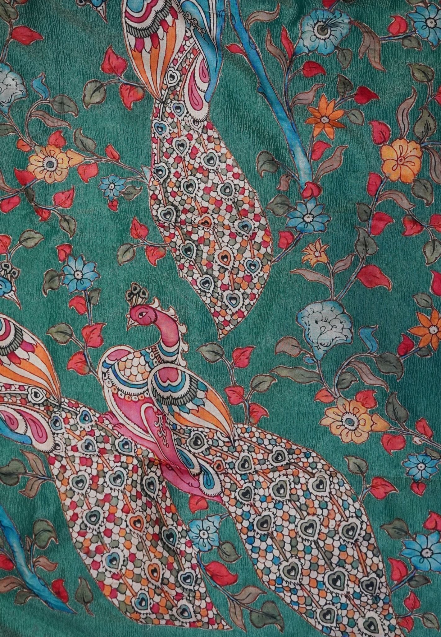 Crush Tissue Saree – Metalic Green Peacock Print