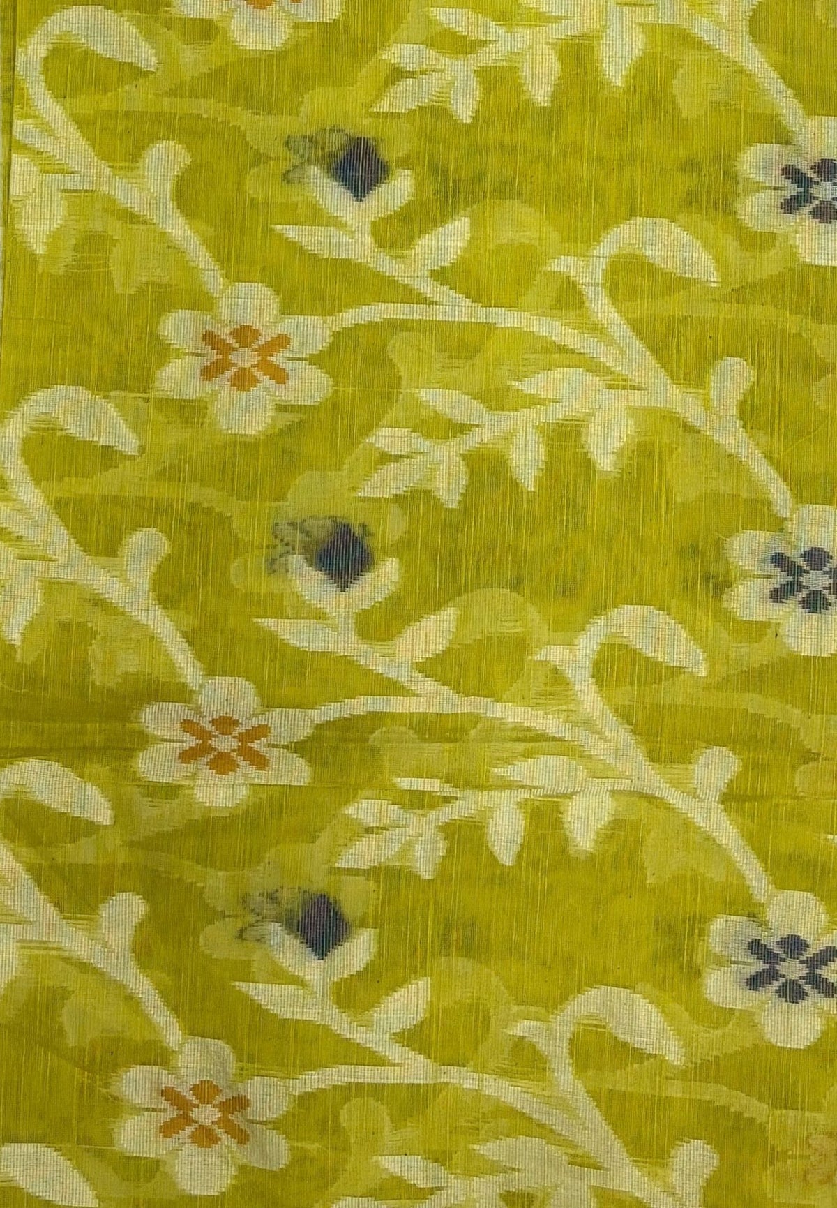 Dhakai Jamdhani Cotton Saree-Lime Green In Floral Vine Zari Border