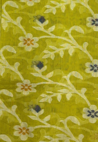 Dhakai Jamdhani Cotton Saree-Lime Green In Floral Vine Zari Border