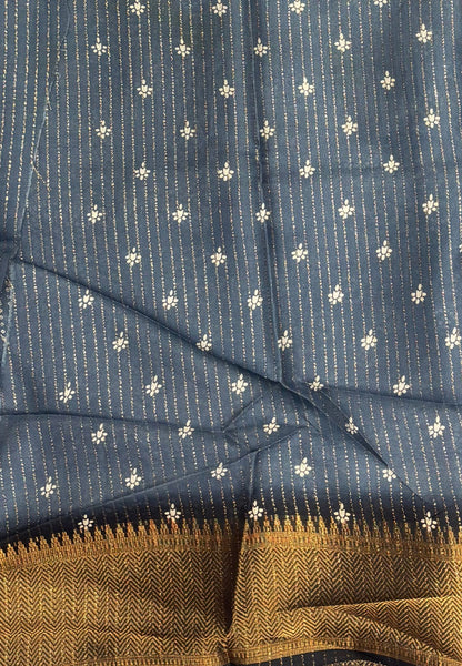 Semi Dola Silk Saree-Greyish In Floral Dotwork Border