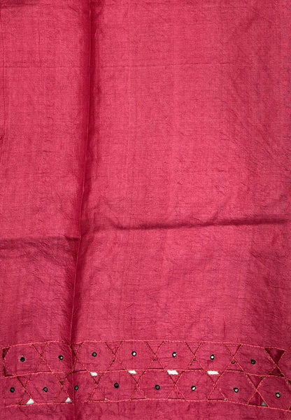 Pure Tussar Saree-Red In Striped Geometric With Contrast Border