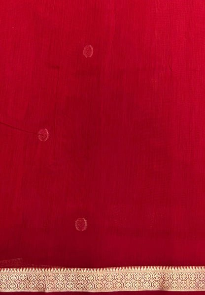 Semi Maheswari Saree-Red In Multi-Stripe Zari Border