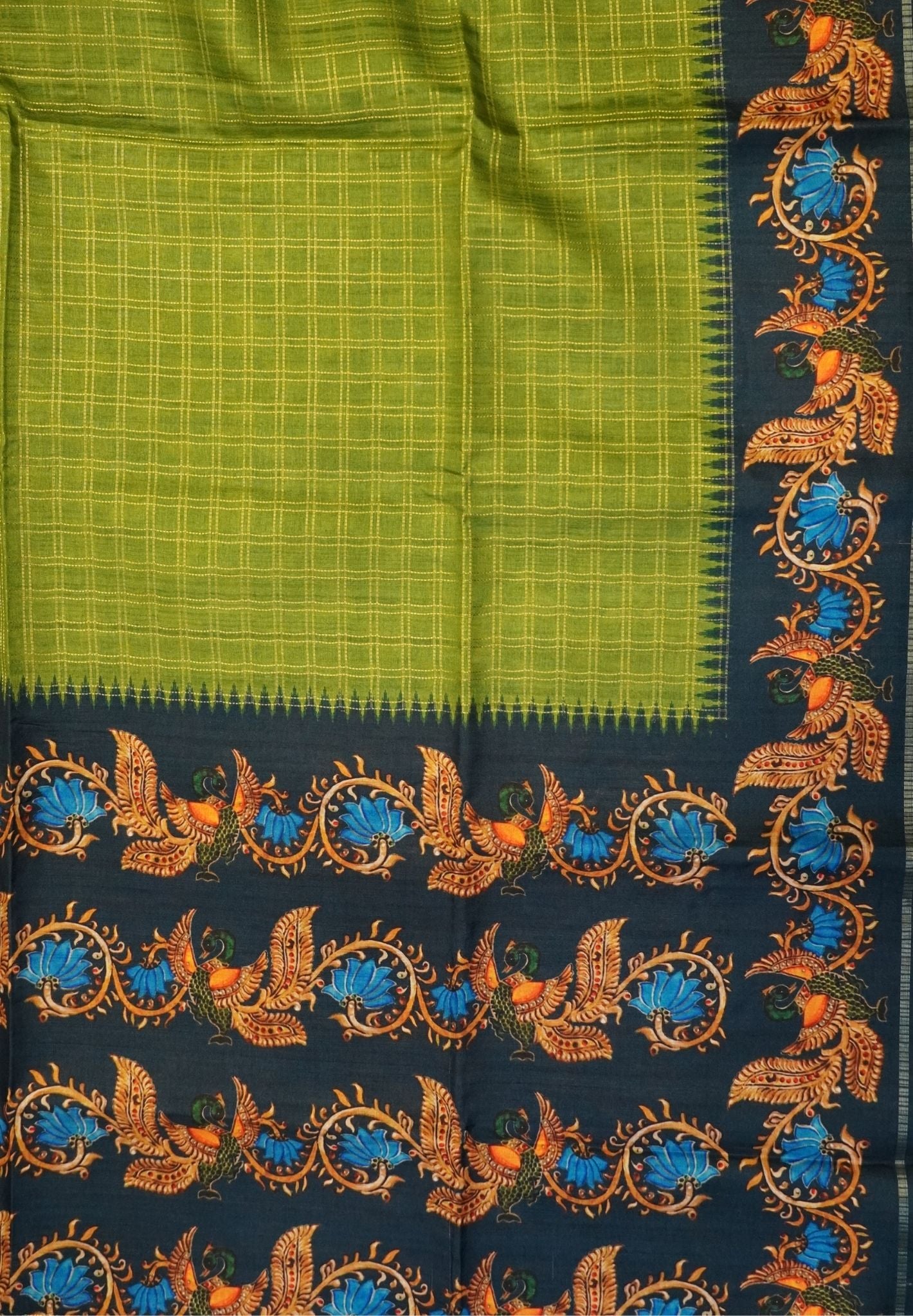 Premium Matka Tussar Saree-Green with Contrast Border in Tanjore Print