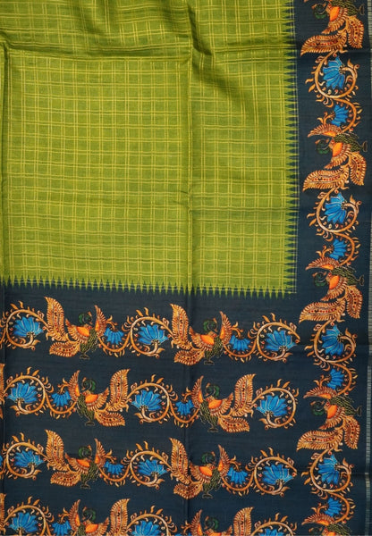 Premium Matka Tussar Saree-Green with Contrast Border in Tanjore Print