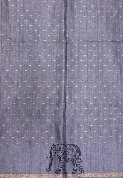 Semi Tussar Saree-Blue in Traditional Elephant Motif Zari Border