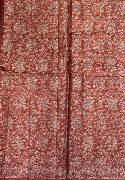 Pure Tussar Saree-Rust Orange in Floral Vine Brocade Border