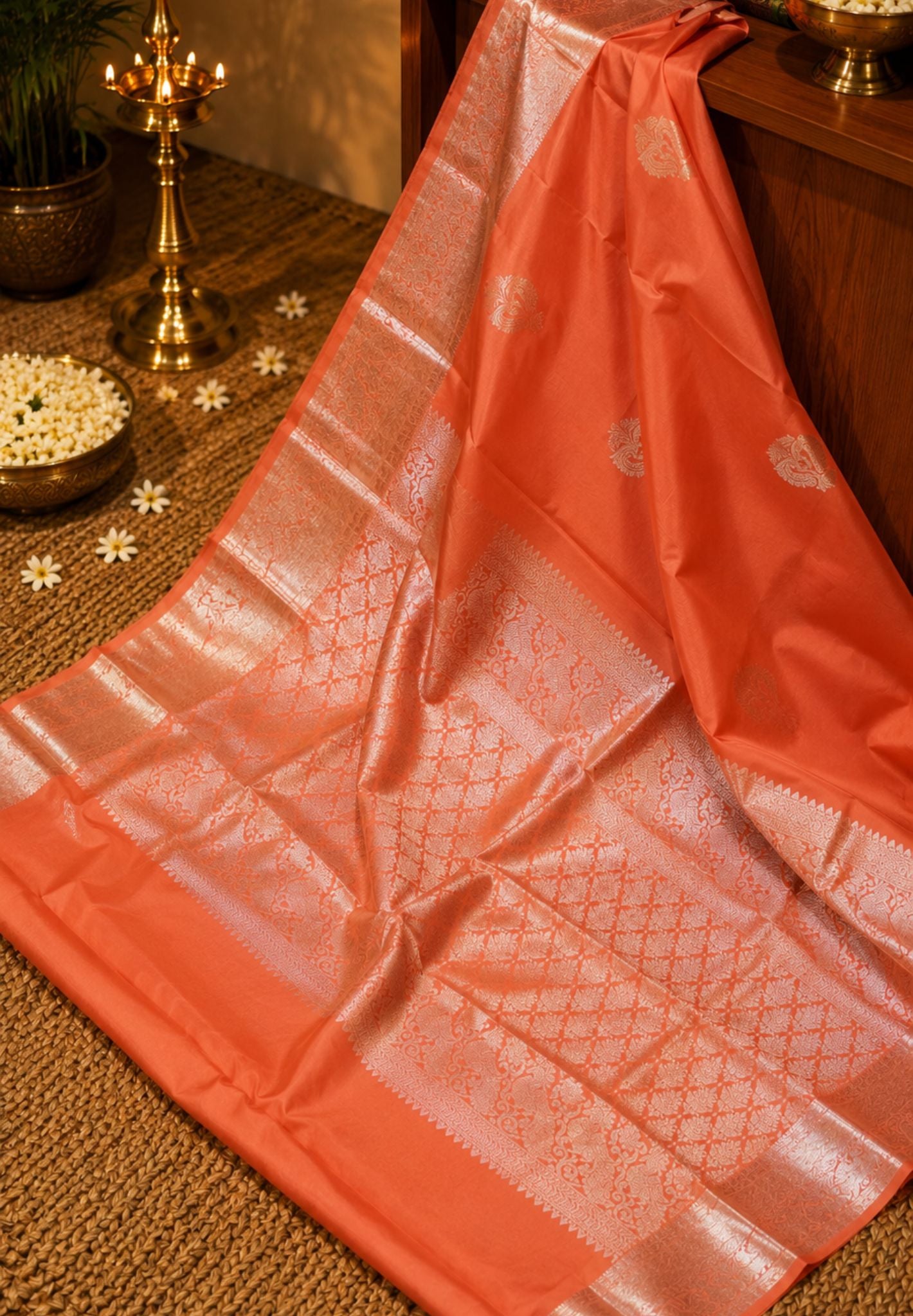 Pure Kanchipuram Silk Saree-Redish Peach in Silver Zari