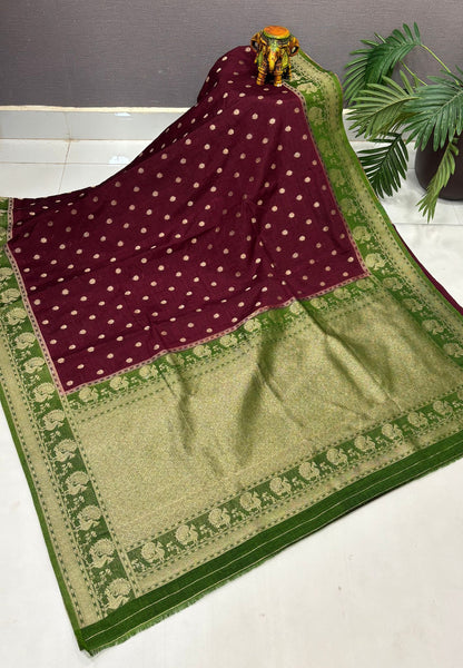 Tussar Linen Saree-Maroon in Traditional Peacock Floral Zari with Contrast Border
