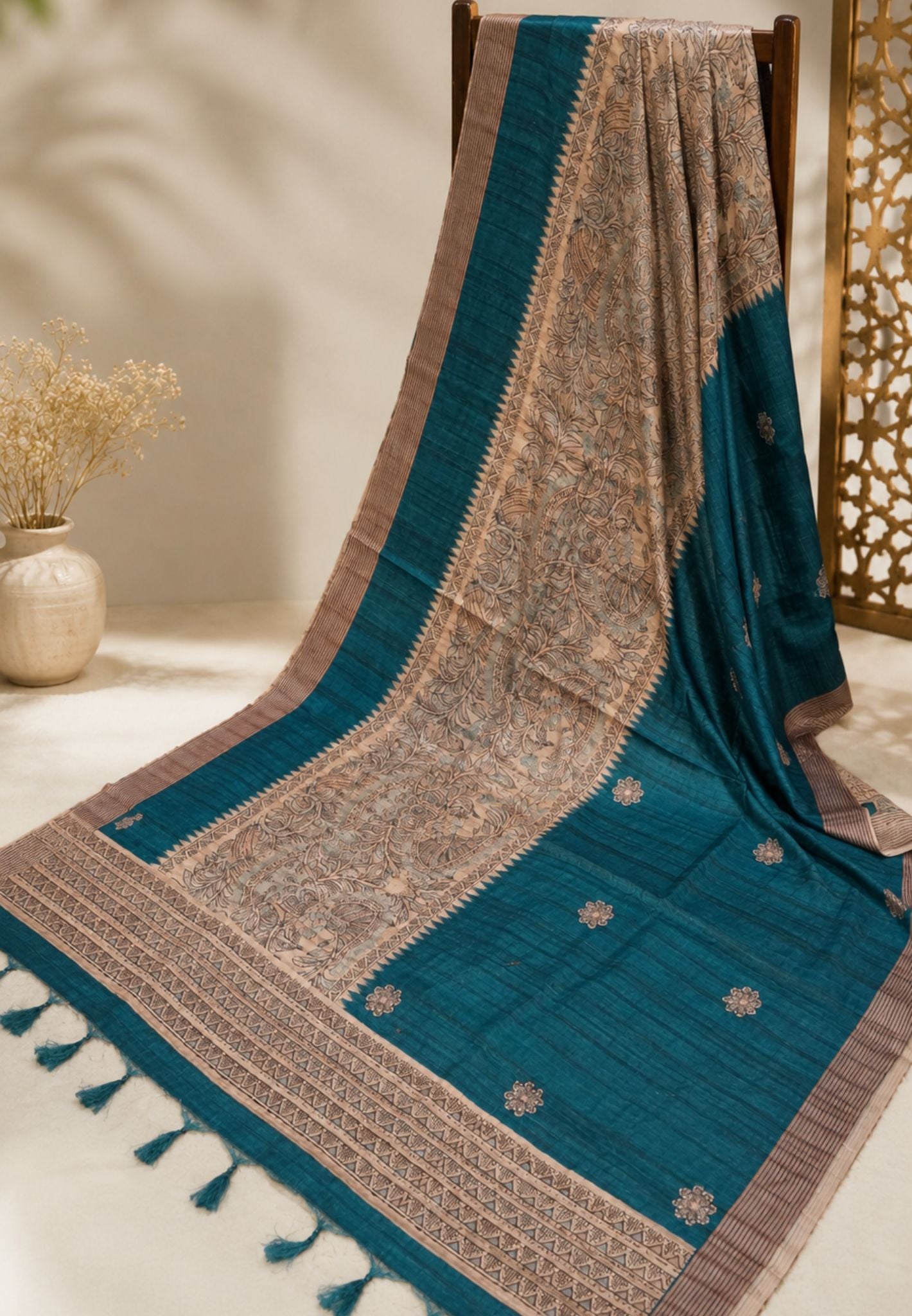 Tussar Saree-Peacock Blue with Kantha Work