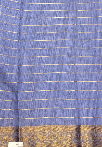 Semi Raw Silk Saree-Navy Blue in Zari Lines with Contrast Annam Border