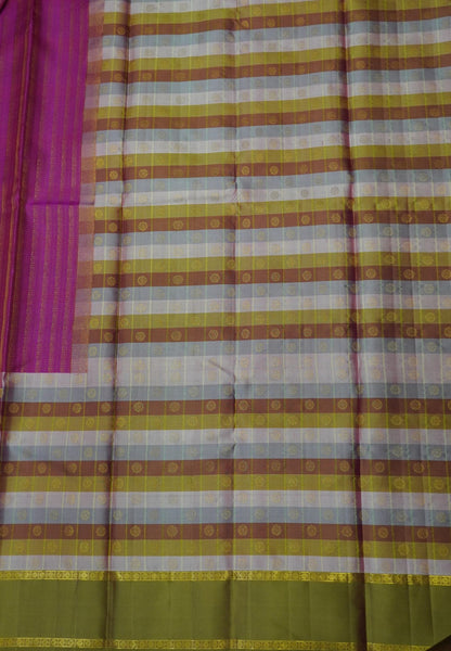 Pure Silk Saree – Rani Pink Checks with Olive Green Border