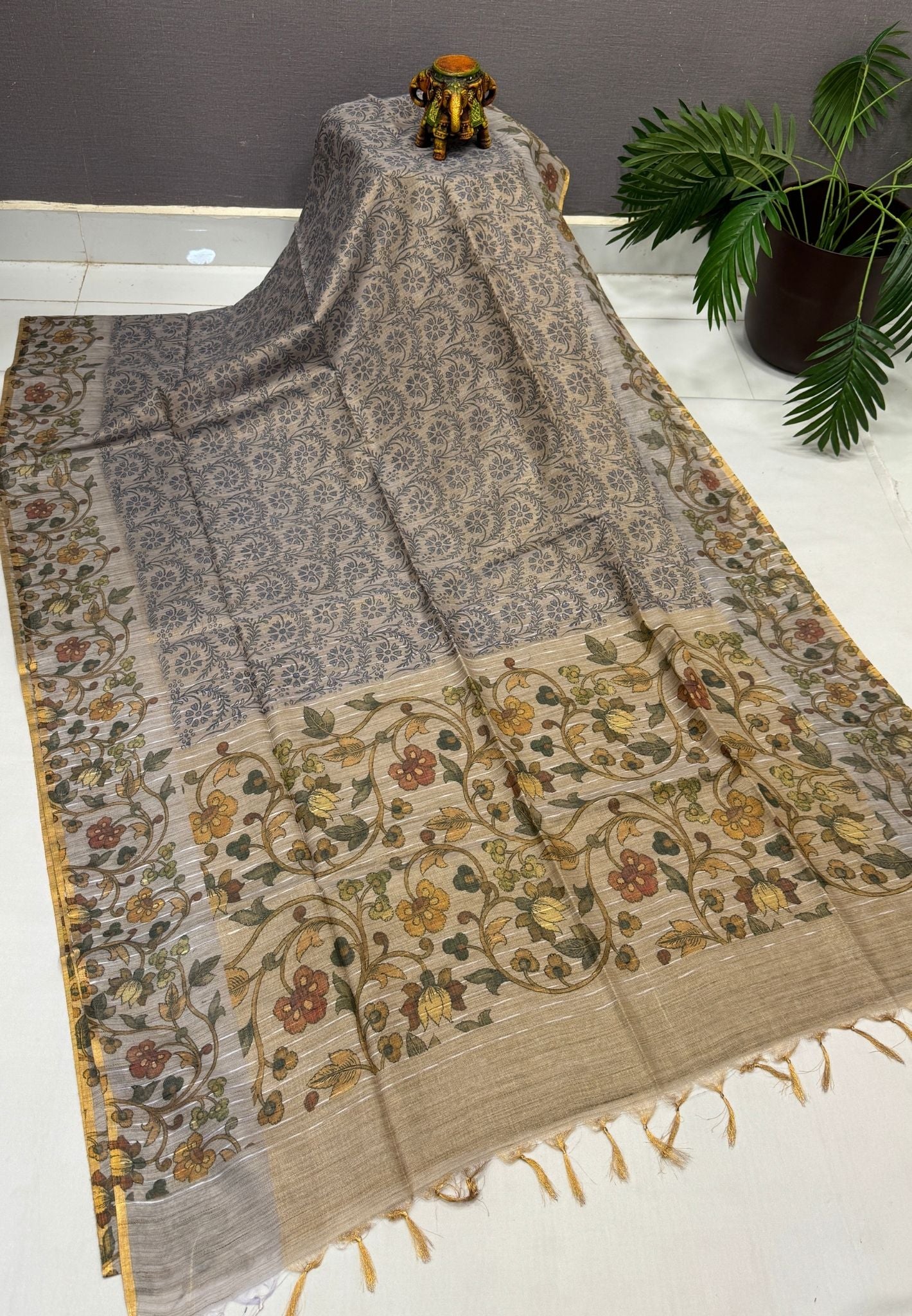 Tissue Saree-Lavender In Floral Vine Kalamkari Border