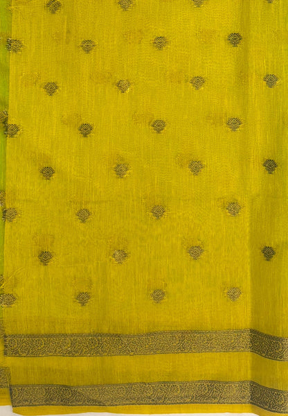 Soft Jute Saree-Teal Green-Yellow With Rettapet Border