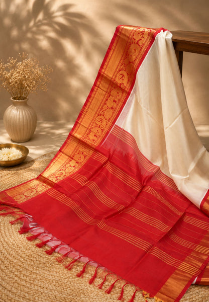 Silk Cotton Saree-Off white with Contrast Red Big Border