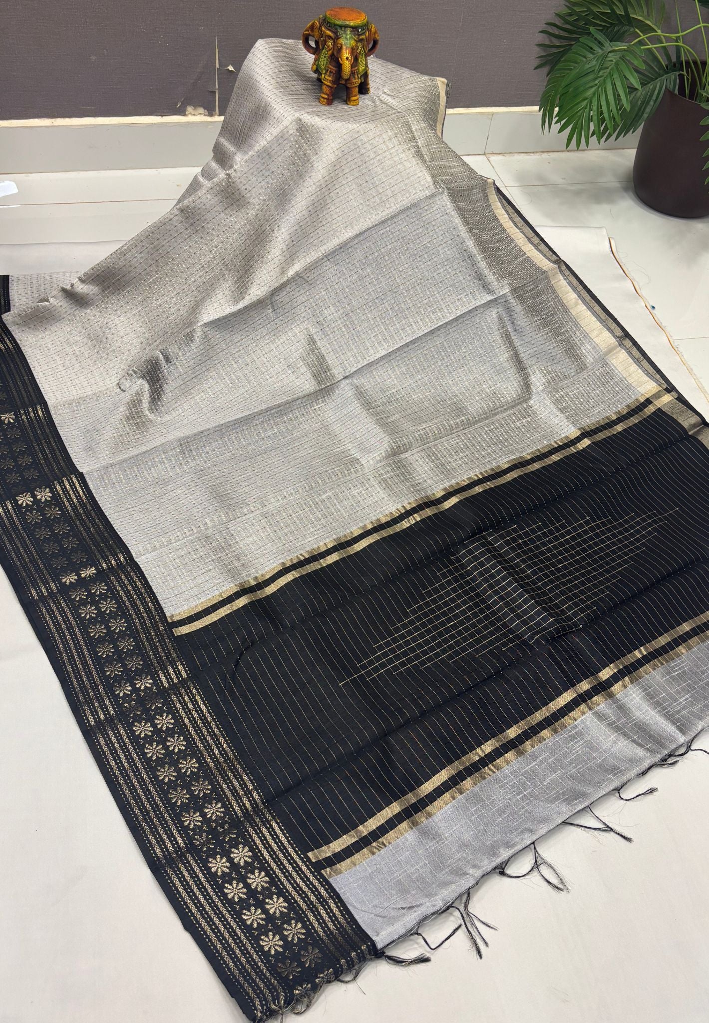 Raw Silk Saree-Grey in 1000 Butta with Contrast Zari Border
