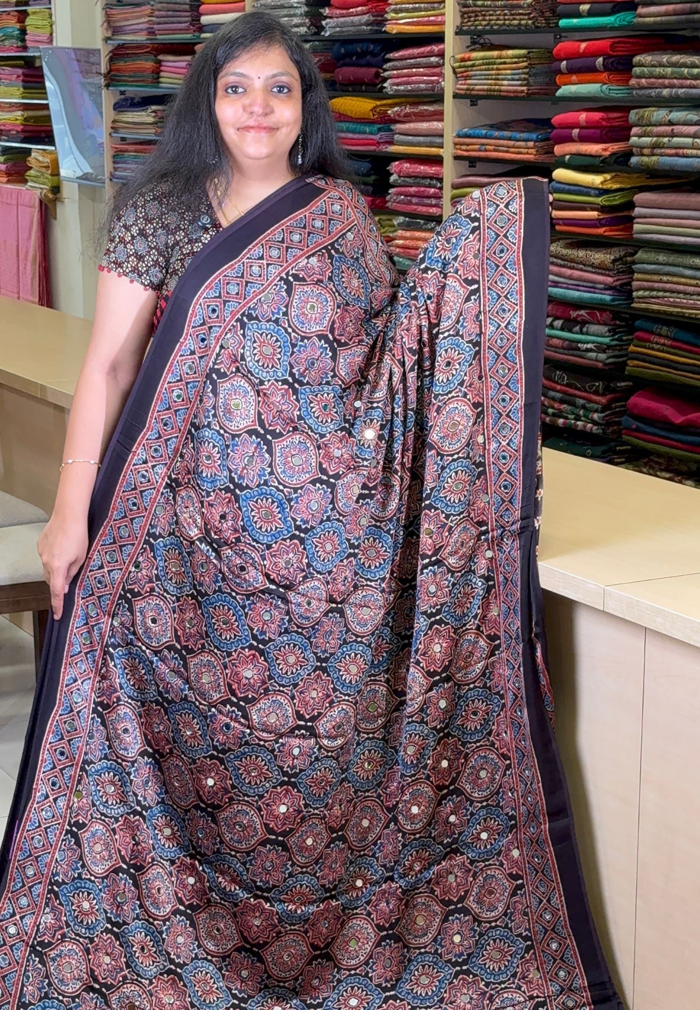 Pure Modal Silk Saree-Original Mirror Work & Ajrakh Printed Motifs