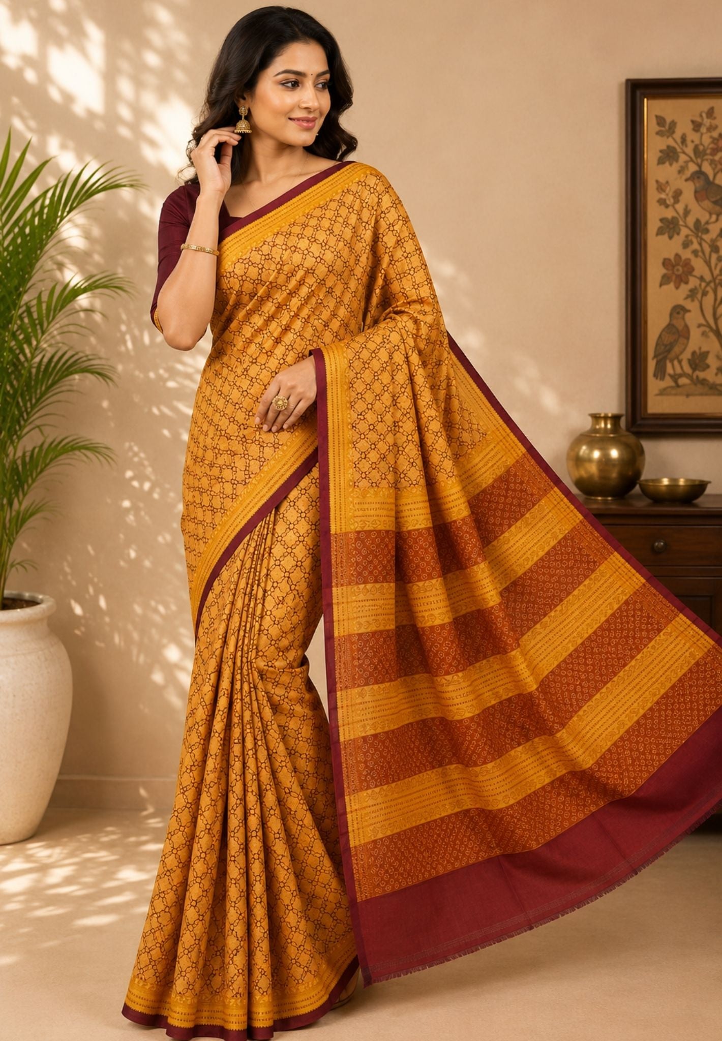 Pure Tussar Saree-Yellow in Mini Floral Pattern