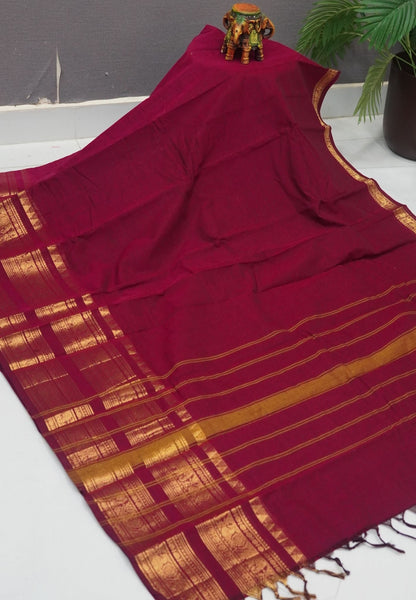 Chettinadu Cotton Saree-Dark Pink with Floral Zari Border