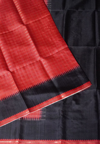 Semi Matka Tussar Saree-Red with Contrast Border and Zari Checks
