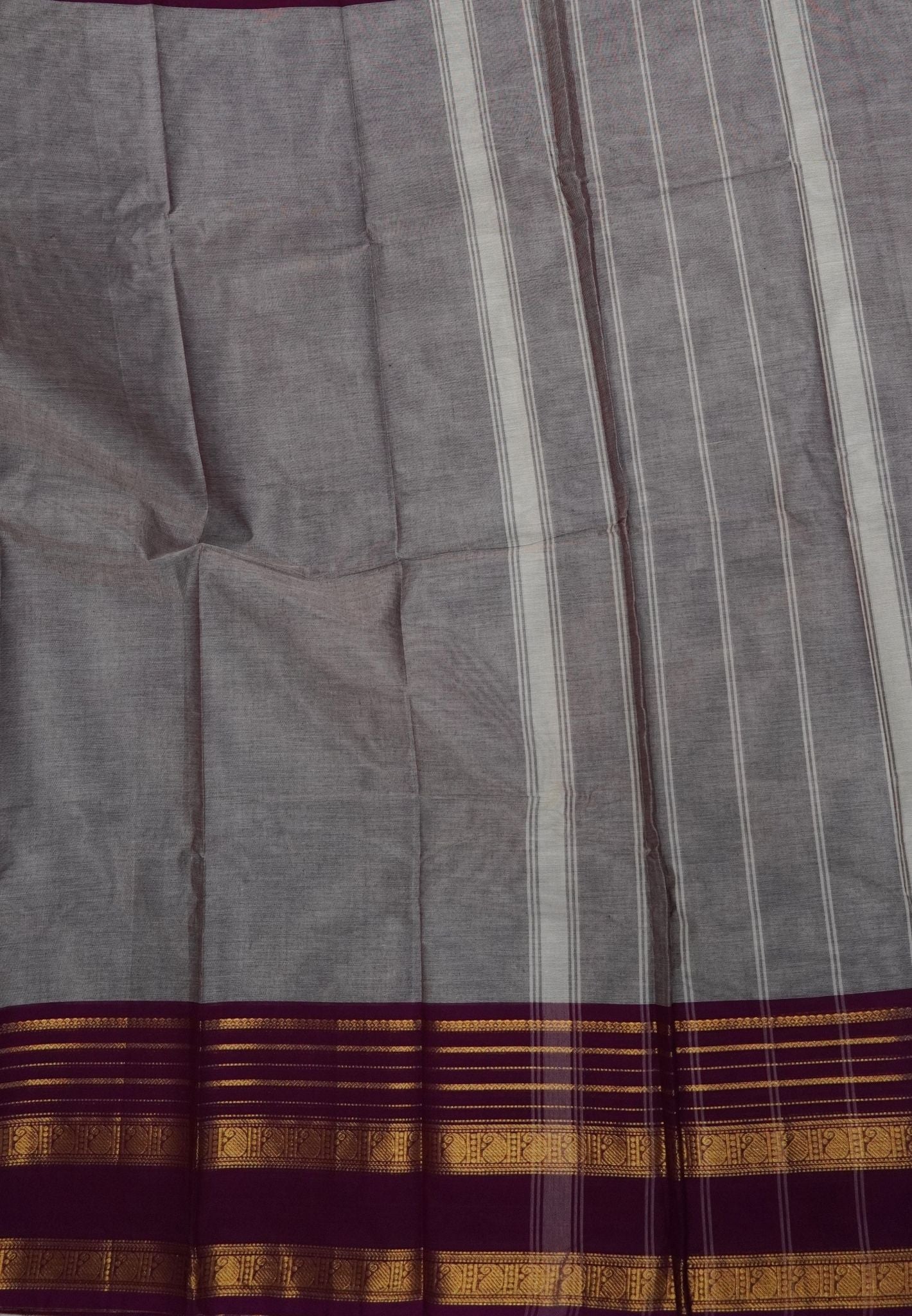 Kanchi Cotton Saree-Grey-Wine With Zari Border