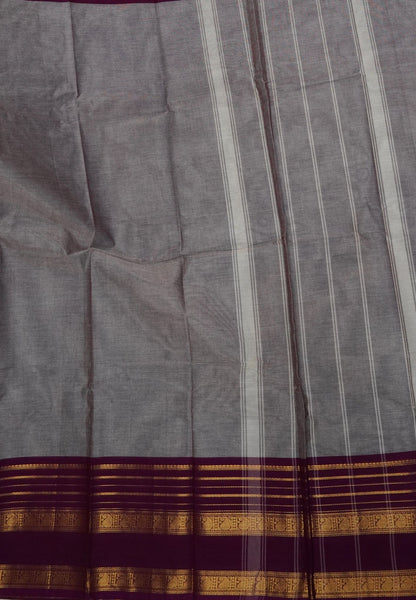 Kanchi Cotton Saree-Grey-Wine With Zari Border