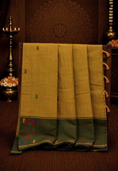 Chettinad Cotton Saree-Lime Green With Floral Bouquet Border