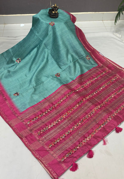 Jute Tussar Saree-Sky Blue with Embriodery Floral Motif
